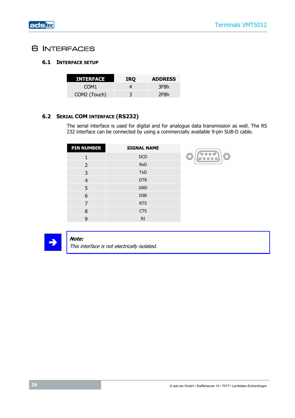 6 interfaces, 1 interface setup, 2 serial com interface (rs232) | Nterfaces | ADS-TEC VMT5012 (2010) User Manual | Page 24 / 35