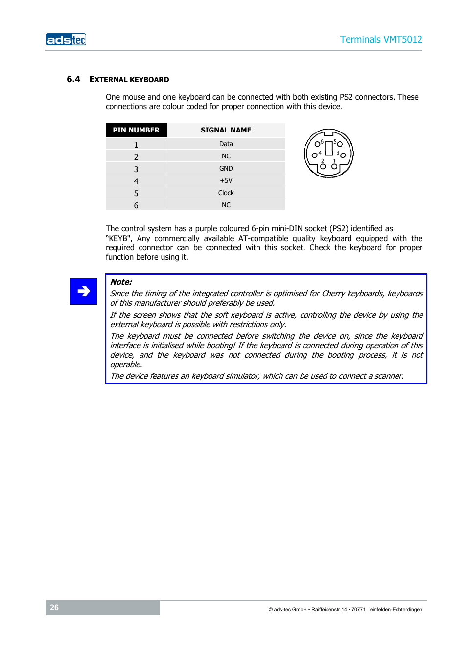 4 external keyboard, Terminals vmt5012 | ADS-TEC VMT5012 (2010) User Manual | Page 26 / 35