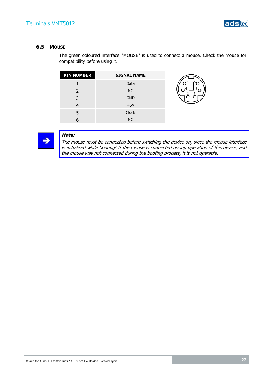 5 mouse, Terminals vmt5012 | ADS-TEC VMT5012 (2010) User Manual | Page 27 / 35