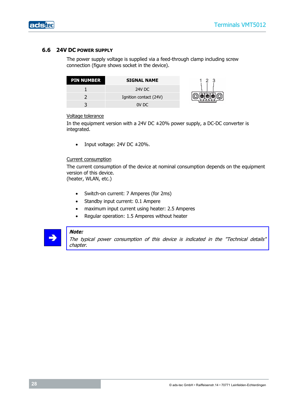 6 24v dc power supply, Terminals vmt5012 | ADS-TEC VMT5012 (2010) User Manual | Page 28 / 35