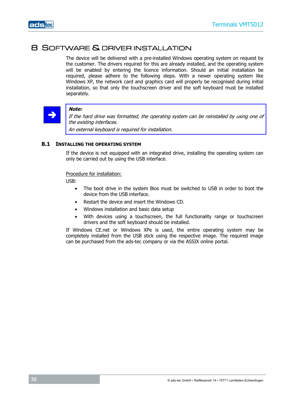 8 software & driver installation, 1 installing the operating system | ADS-TEC VMT5012 (2010) User Manual | Page 32 / 35