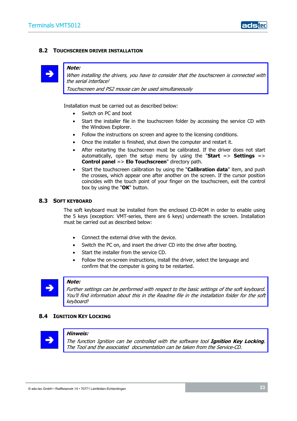 2 touchscreen driver installation, 3 soft keyboard, 4 ignition key locking | ADS-TEC VMT5012 (2010) User Manual | Page 33 / 35