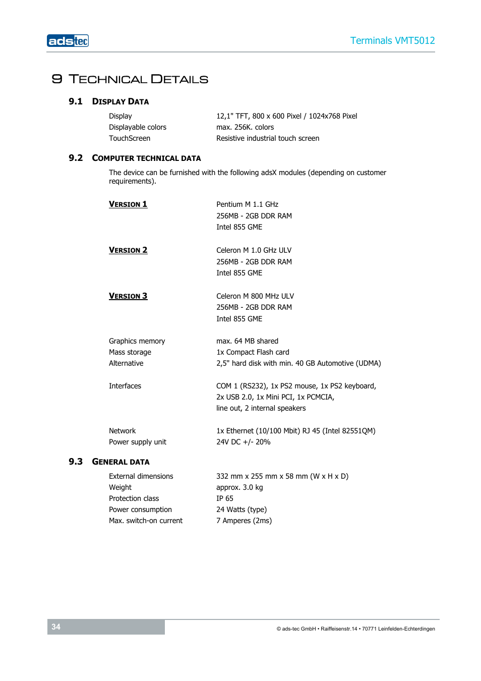 9 technical details, 1 display data, 2 computer technical data | 3 general data, Echnical, Etails, Terminals vmt5012 | ADS-TEC VMT5012 (2010) User Manual | Page 34 / 35