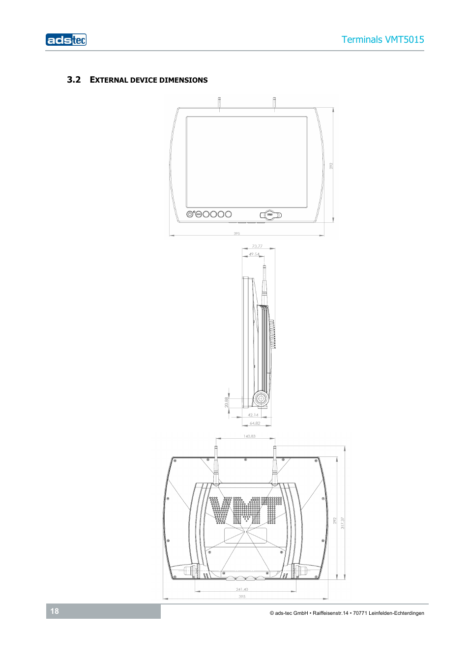 2 external device dimensions, Terminals vmt5015 | ADS-TEC VMT5015 (2010) User Manual | Page 18 / 35