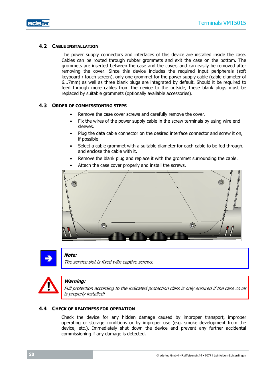 2 cable installation, 3 order of commissioning steps, 4 check of readiness for operation | ADS-TEC VMT5015 (2010) User Manual | Page 20 / 35