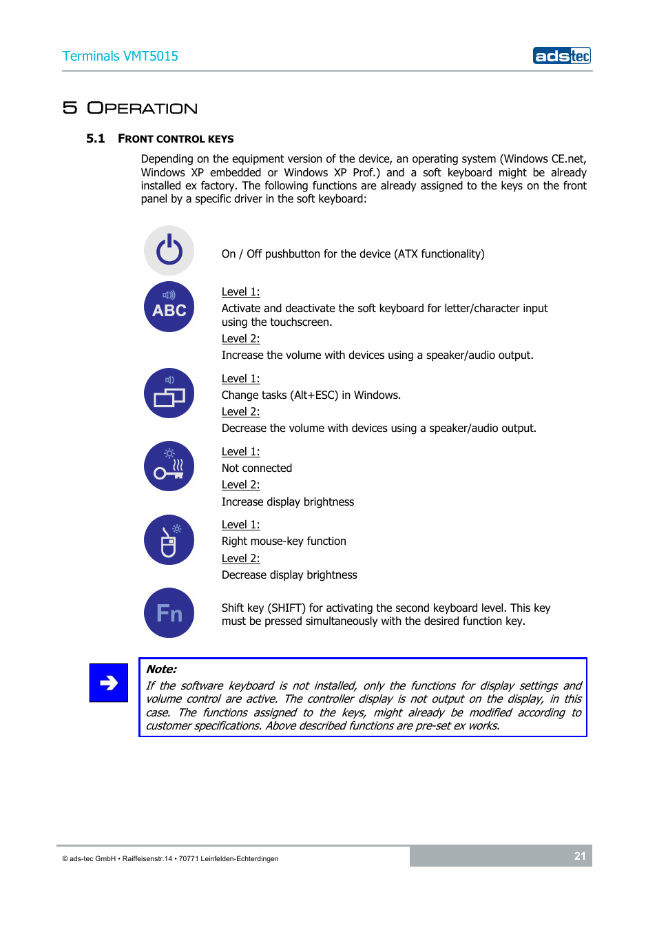 5 operation, 1 front control keys | ADS-TEC VMT5015 (2010) User Manual | Page 21 / 35