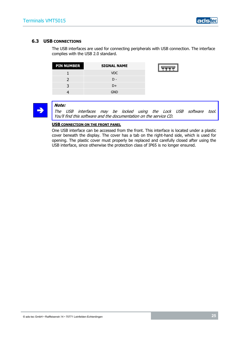 3 usb connections, Terminals vmt5015 | ADS-TEC VMT5015 (2010) User Manual | Page 25 / 35