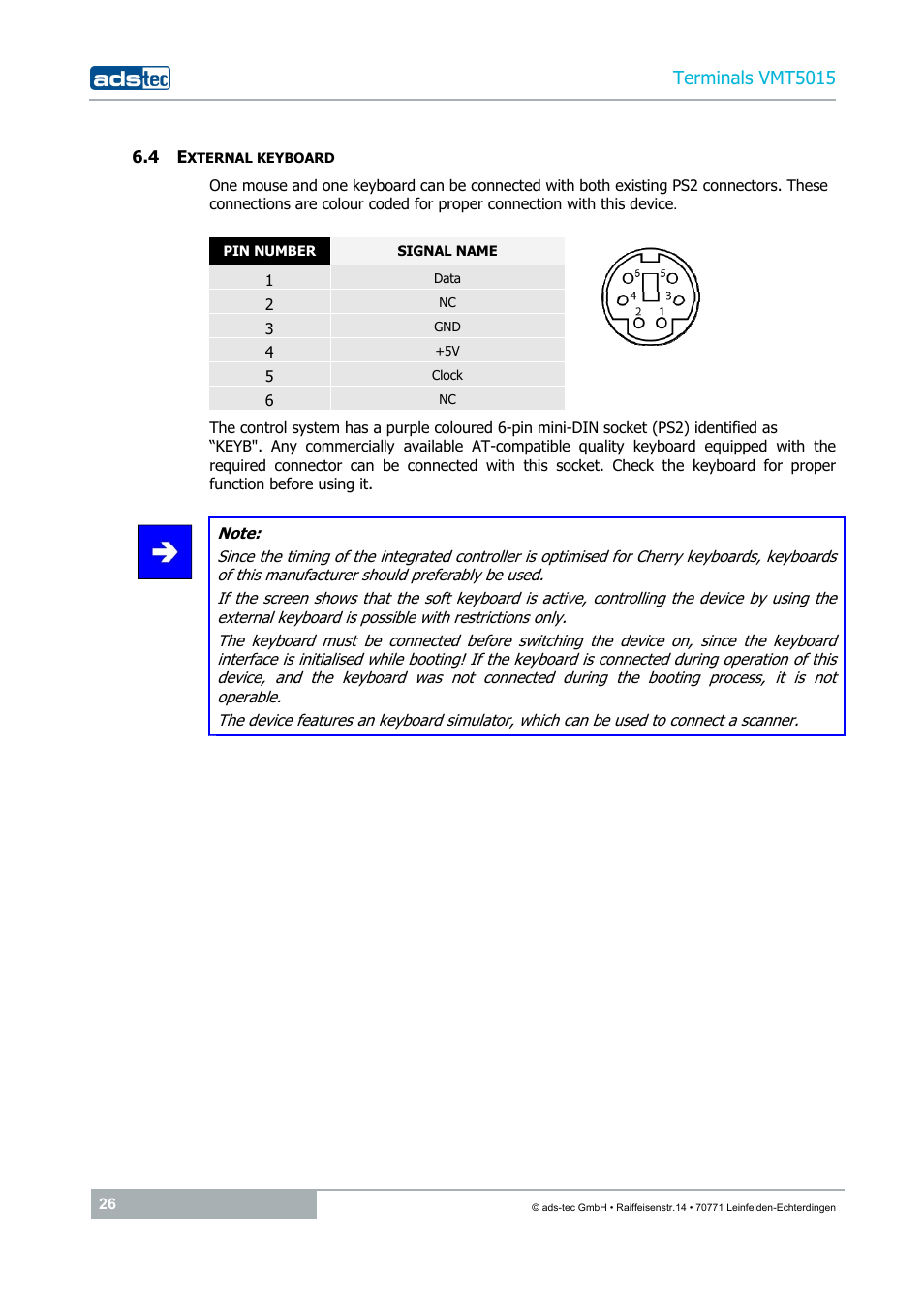 4 external keyboard, Terminals vmt5015 | ADS-TEC VMT5015 (2010) User Manual | Page 26 / 35