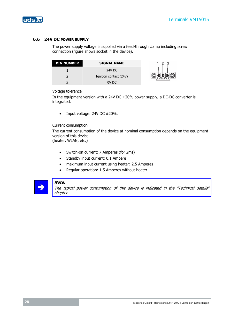 6 24v dc power supply, Terminals vmt5015 | ADS-TEC VMT5015 (2010) User Manual | Page 28 / 35