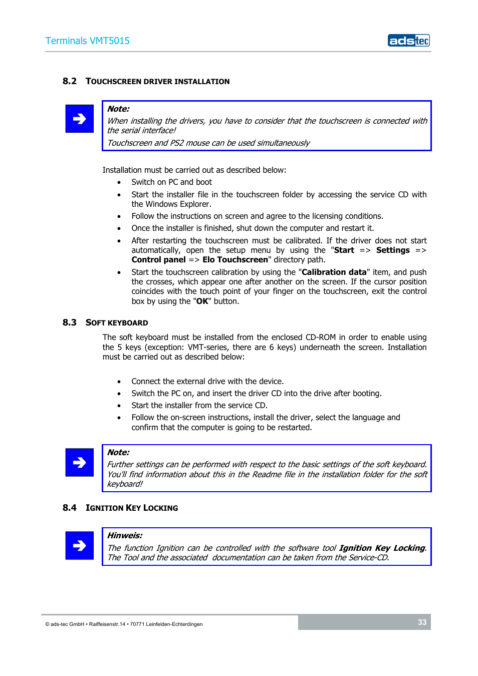 2 touchscreen driver installation, 3 soft keyboard, 4 ignition key locking | ADS-TEC VMT5015 (2010) User Manual | Page 33 / 35