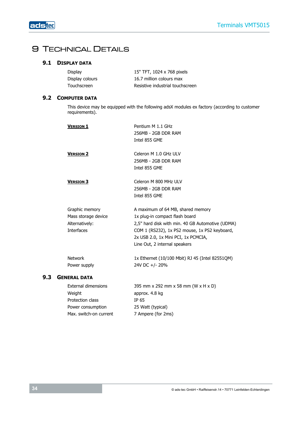 9 technical details, 1 display data, 2 computer data | 3 general data, Echnical, Etails, Terminals vmt5015 | ADS-TEC VMT5015 (2010) User Manual | Page 34 / 35