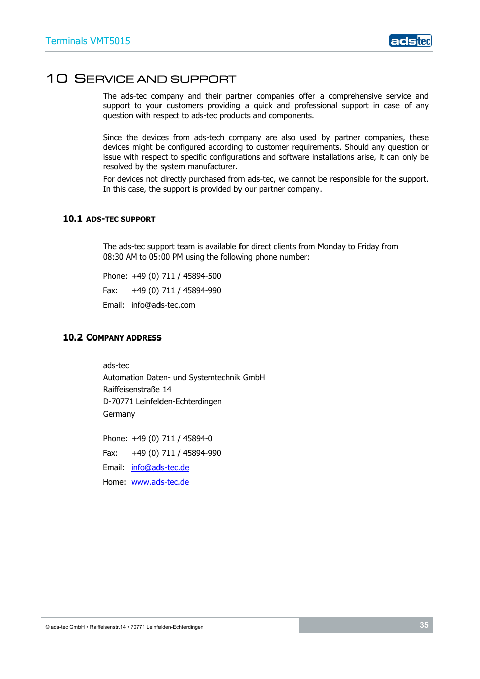 10 service and support, 1 ads-tec support, 2 company address | 10 s, Ervice and support | ADS-TEC VMT5015 (2010) User Manual | Page 35 / 35