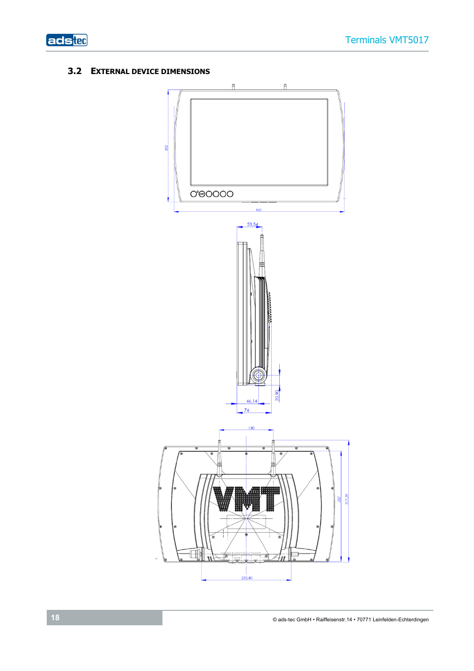 2 external device dimensions, Terminals vmt5017 | ADS-TEC VMT5017 (2010) User Manual | Page 18 / 34