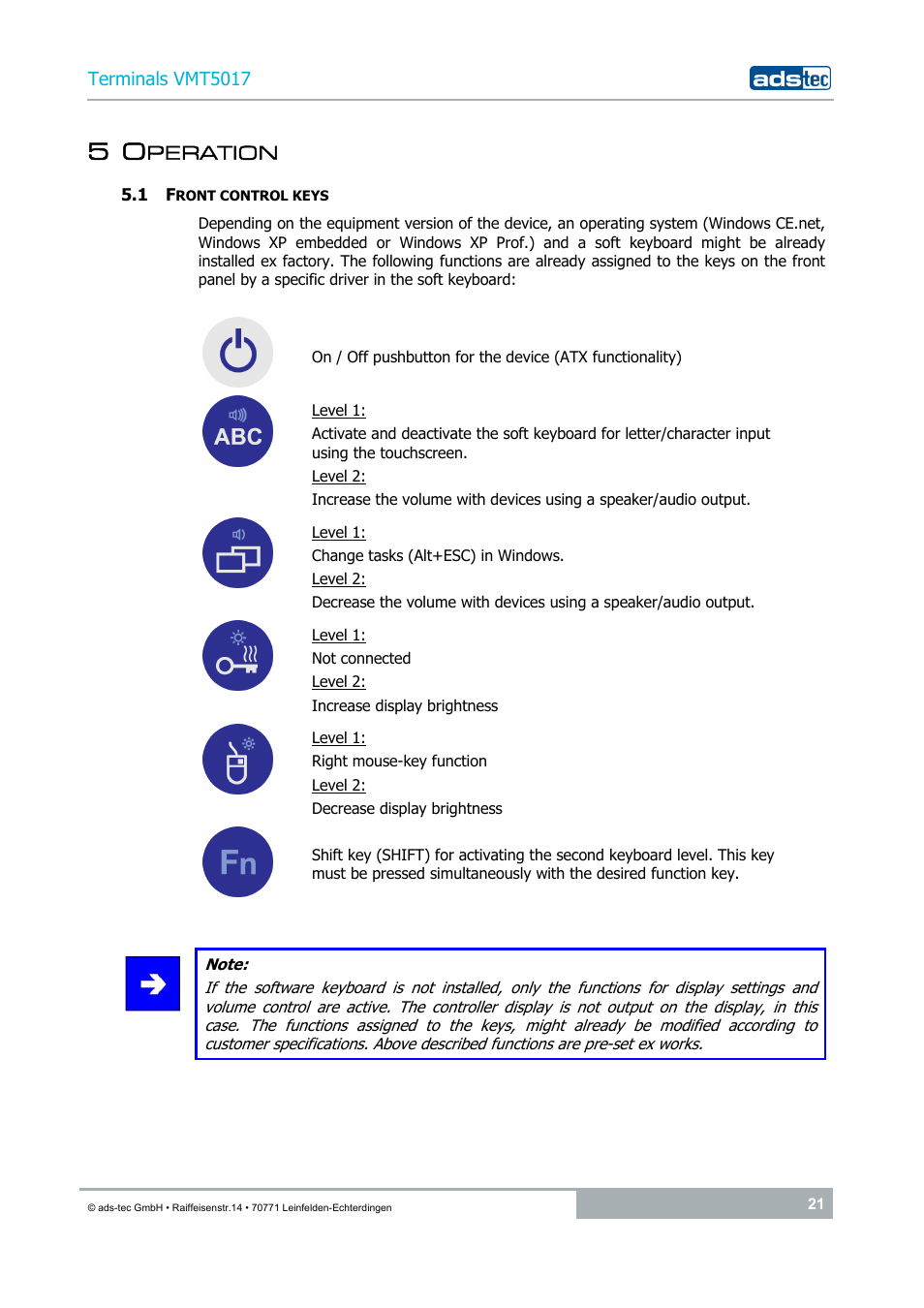 5 operation, 1 front control keys | ADS-TEC VMT5017 (2010) User Manual | Page 21 / 34