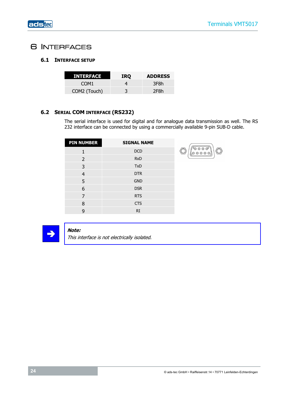 6 interfaces, 1 interface setup, 2 serial com interface (rs232) | Nterfaces | ADS-TEC VMT5017 (2010) User Manual | Page 24 / 34
