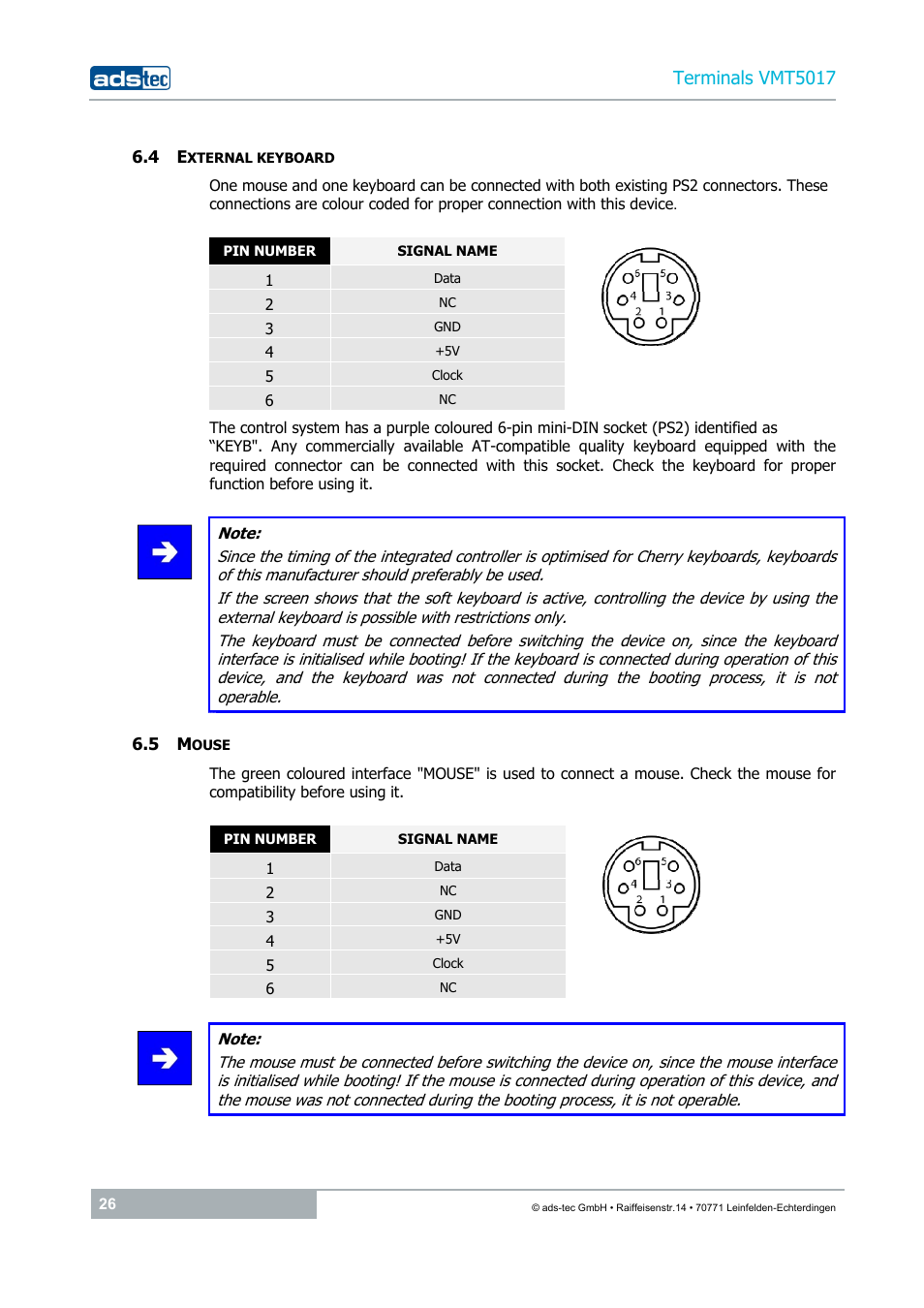 4 external keyboard, 5 mouse, Terminals vmt5017 | ADS-TEC VMT5017 (2010) User Manual | Page 26 / 34