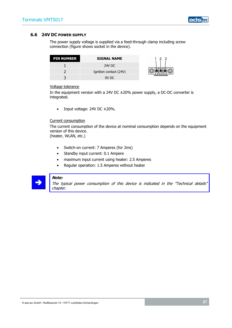 6 24v dc power supply, Terminals vmt5017 | ADS-TEC VMT5017 (2010) User Manual | Page 27 / 34