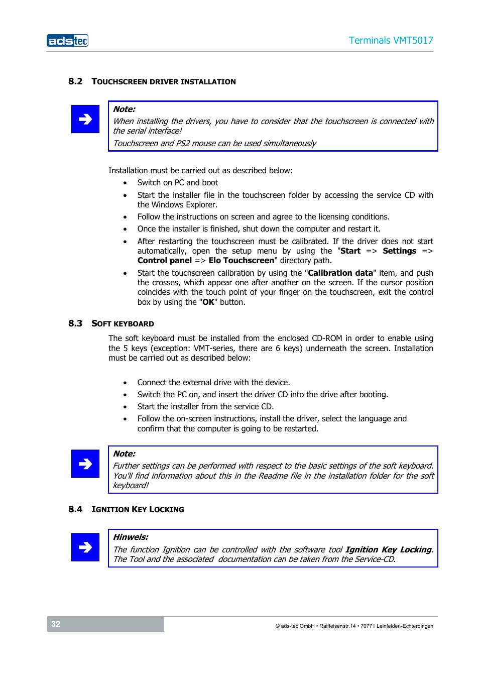 2 touchscreen driver installation, 3 soft keyboard, 4 ignition key locking | ADS-TEC VMT5017 (2010) User Manual | Page 32 / 34