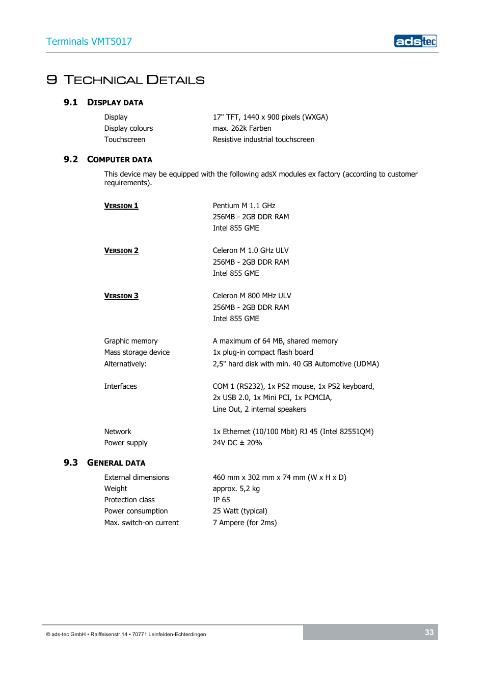 9 technical details, 1 display data, 2 computer data | 3 general data, Echnical, Etails, Terminals vmt5017 | ADS-TEC VMT5017 (2010) User Manual | Page 33 / 34