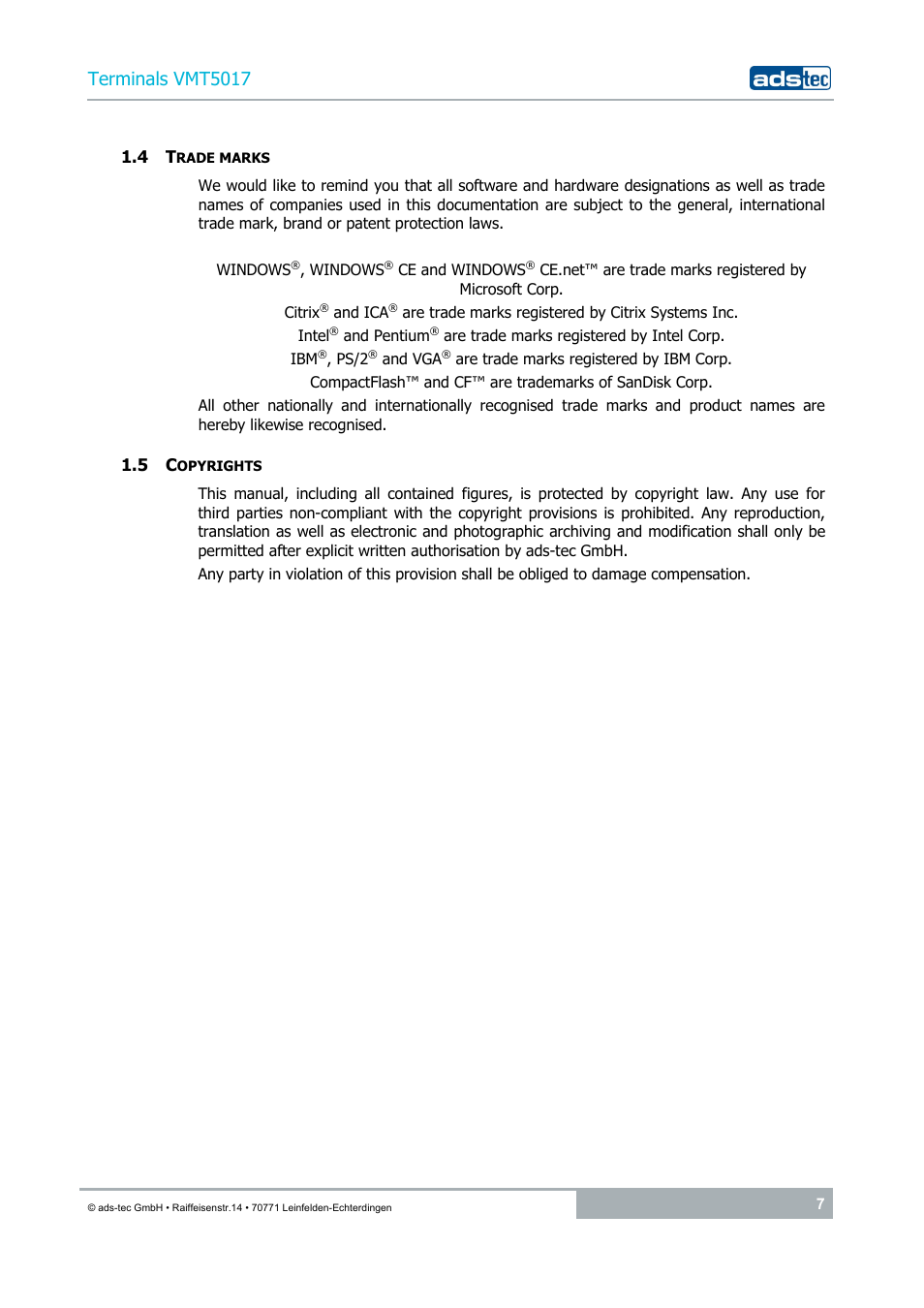 4 trade marks, 5 copyrights, Terminals vmt5017 | ADS-TEC VMT5017 (2010) User Manual | Page 7 / 34