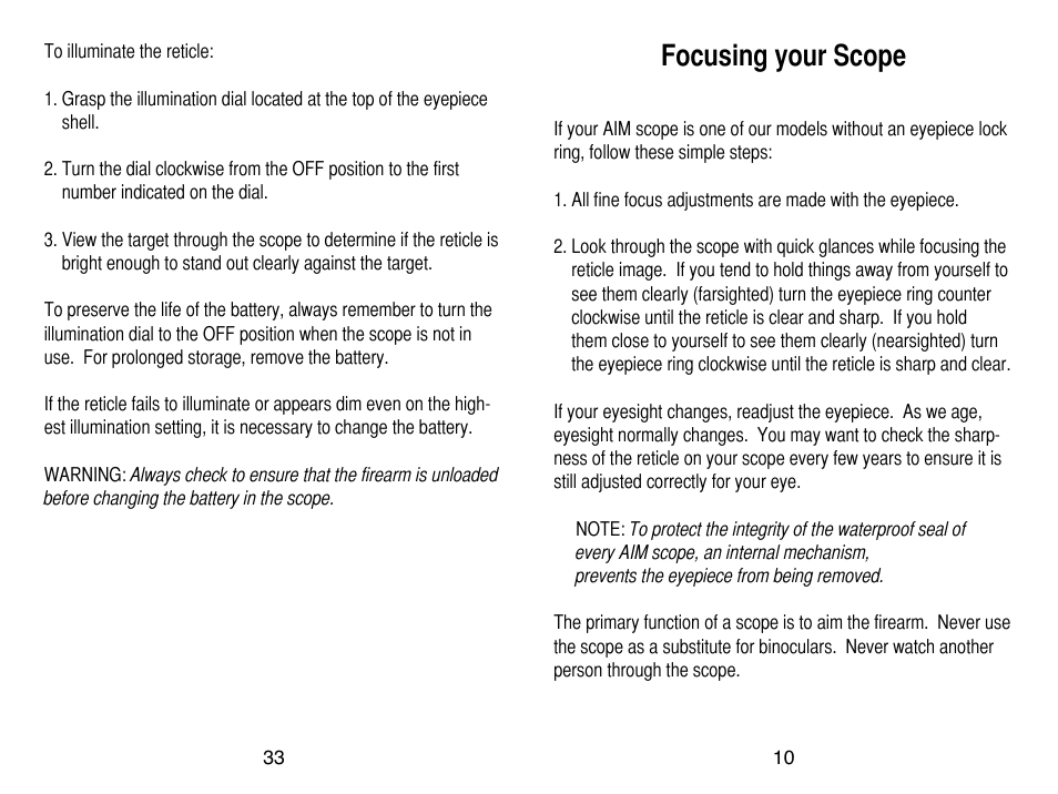 Focusing your scope | AIM Sports Scopes User Manual | Page 11 / 24