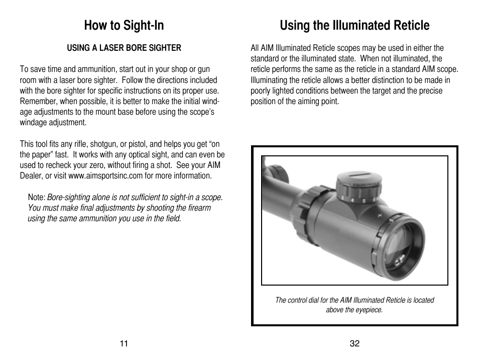 Using the illuminated reticle, How to sight-in | AIM Sports Scopes User Manual | Page 12 / 24