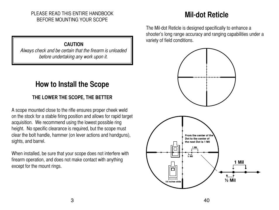 How to install the scope, Mil-dot reticle | AIM Sports Scopes User Manual | Page 4 / 24
