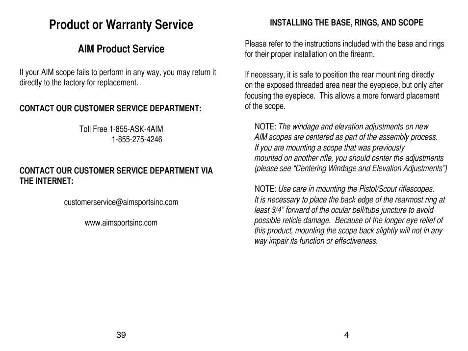 Product or warranty service, Aim product service | AIM Sports Scopes User Manual | Page 5 / 24