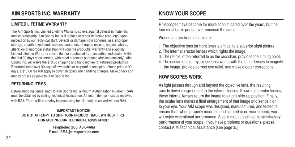 Know your scope, Aim sports inc. warranty | AIM Sports Fiber Optic Tri-Illuminated Scopes User Manual | Page 3 / 18