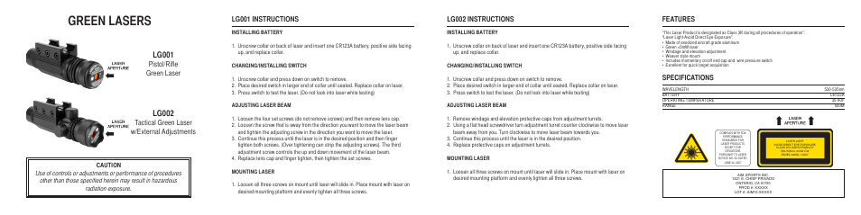 Green lasers, Lg002, Lg001 | Lg002 instructions, Features, Specifications, Pistol/rifle green laser | AIM Sports Green Lasers User Manual | Page 2 / 2