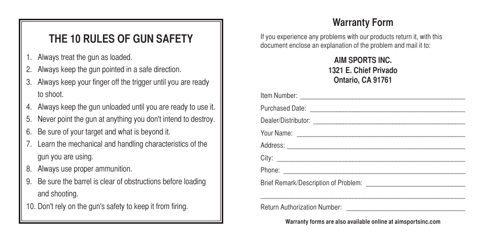 The 10 rules of gun safety, Warranty form | AIM Sports Green Laser Scopes User Manual | Page 2 / 20