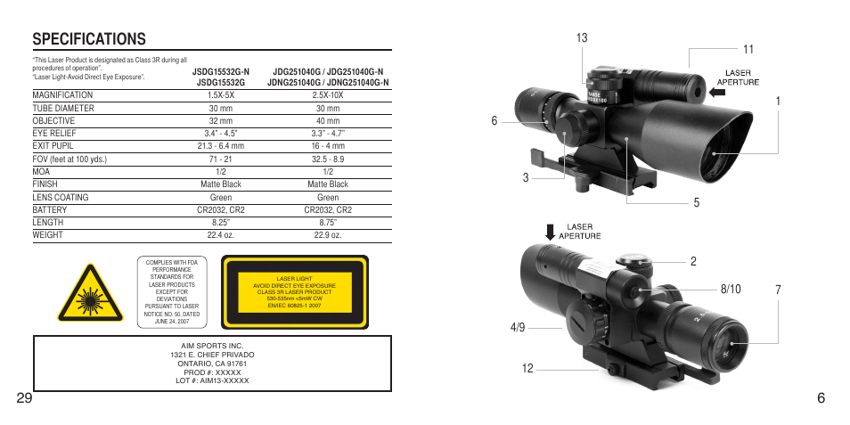 Specifications | AIM Sports Green Laser Scopes User Manual | Page 9 / 20