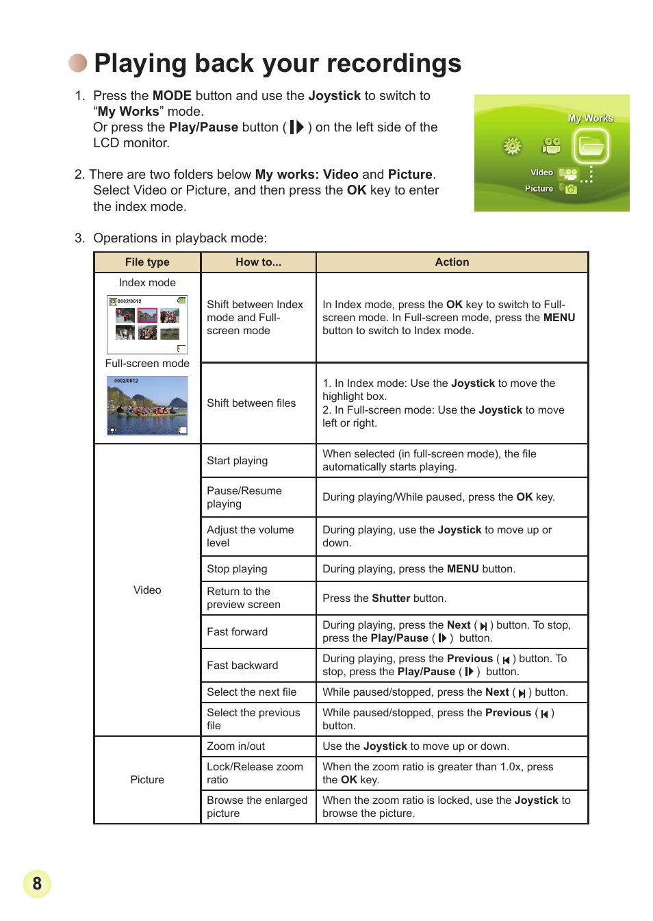 Playing back your recordings | AIPTEK HD-DV Camcorder User Manual | Page 11 / 22