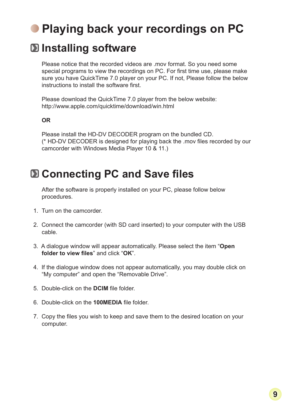 Playing back your recordings on pc, Installing software, Connecting pc and save files | AIPTEK HD-DV Camcorder User Manual | Page 12 / 22