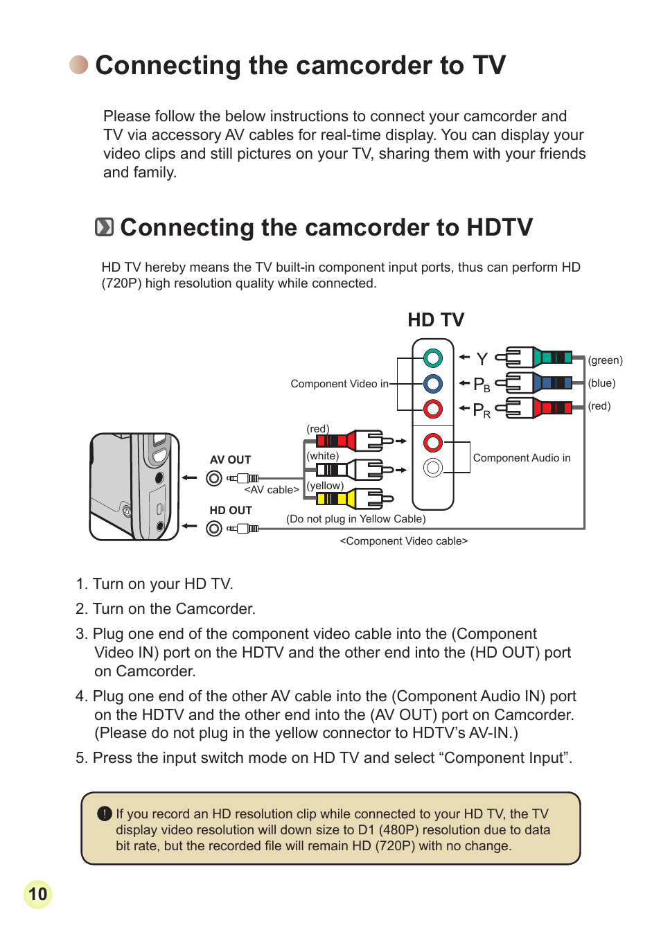 Connecting the camcorder to tv, Connecting the camcorder to hdtv, Hd tv | AIPTEK HD-DV Camcorder User Manual | Page 13 / 22