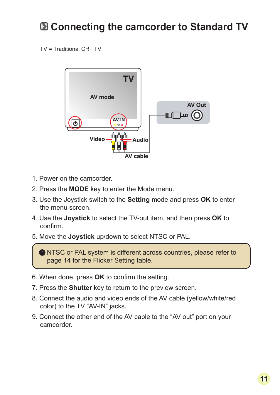 Connecting the camcorder to standard tv | AIPTEK HD-DV Camcorder User Manual | Page 14 / 22