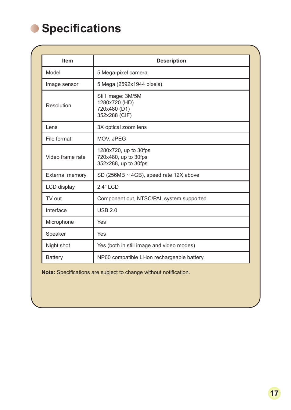 Specifications | AIPTEK HD-DV Camcorder User Manual | Page 20 / 22