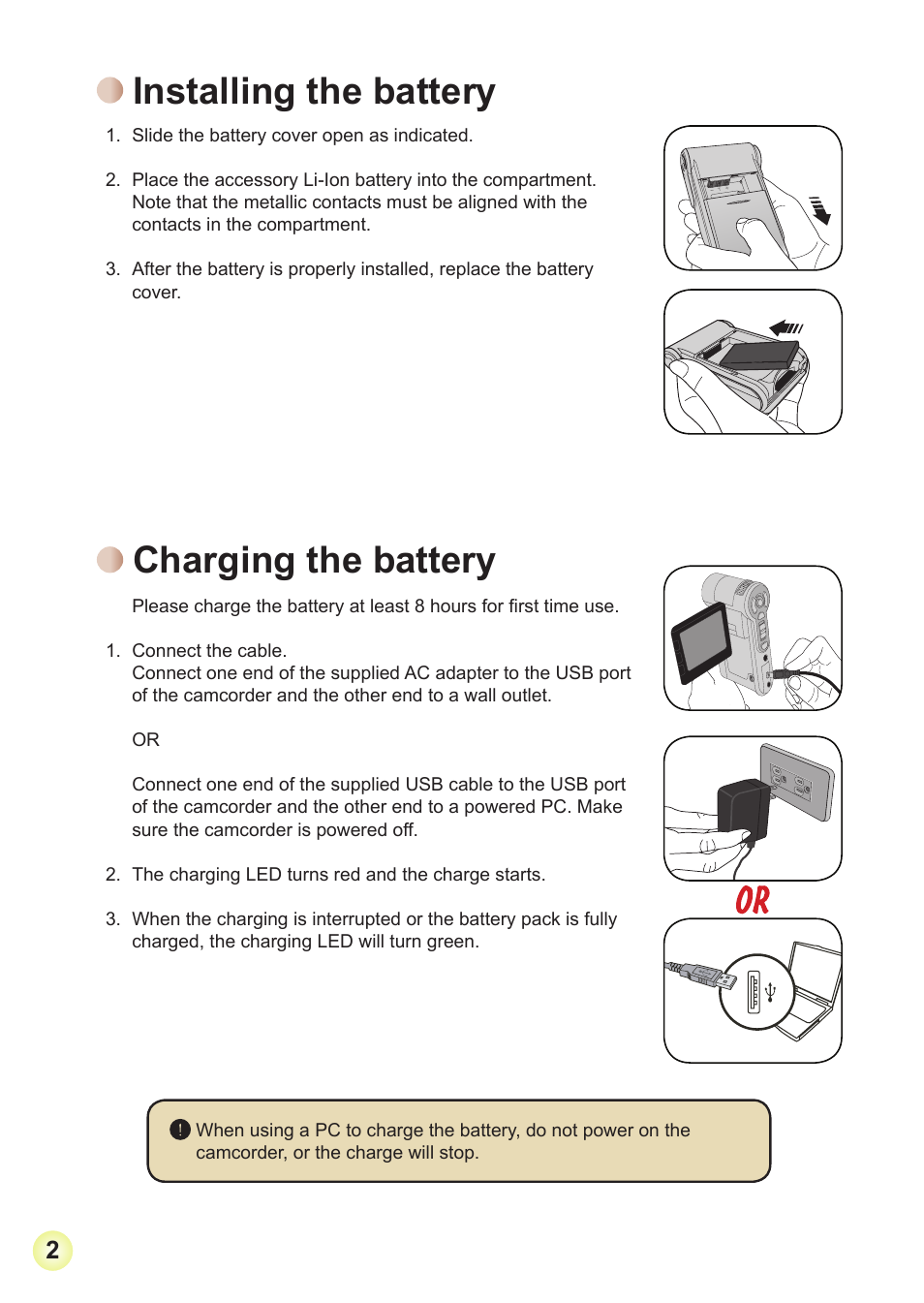 Installing the battery, Charging the battery | AIPTEK HD-DV Camcorder User Manual | Page 5 / 22