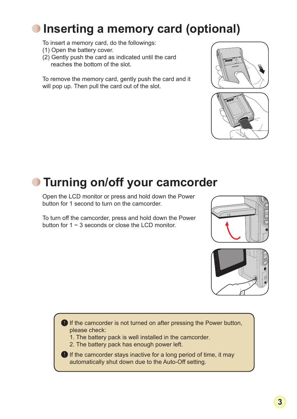 Inserting a memory card (optional), Turning on/off your camcorder | AIPTEK HD-DV Camcorder User Manual | Page 6 / 22