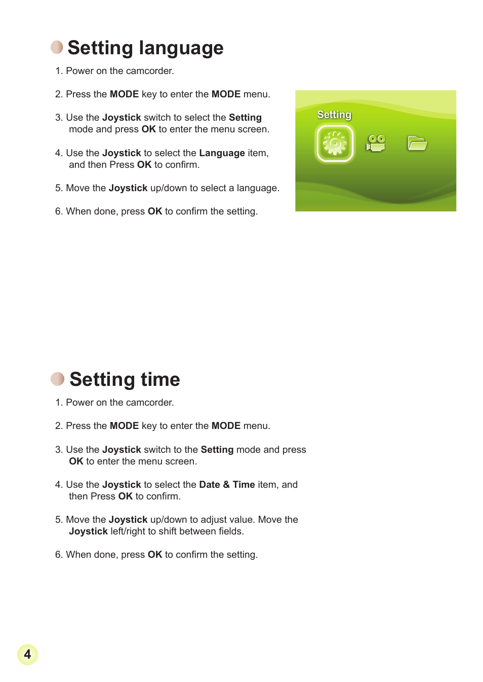 Setting language, Setting time | AIPTEK HD-DV Camcorder User Manual | Page 7 / 22