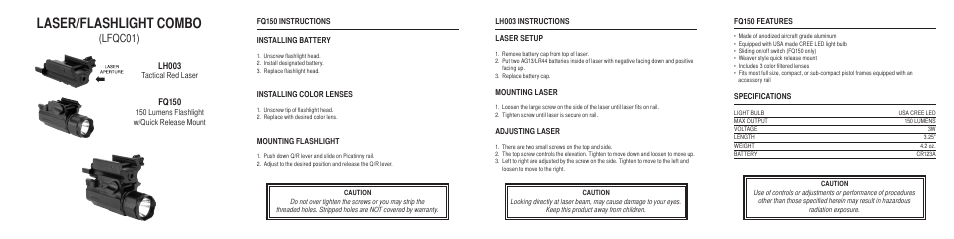 Laser/flashlight combo, Lfqc01) | AIM Sports Laser Flashlight Combo User Manual | Page 2 / 2