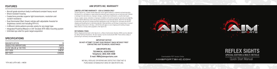 AIM Sports Reflex Sights (Special Editions) User Manual | 2 pages