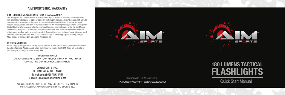 AIM Sports 180 Lumens Tactical Flashlights User Manual | 2 pages