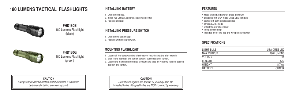 180 lumens tactical flashlights | AIM Sports 180 Lumens Tactical Flashlights User Manual | Page 2 / 2