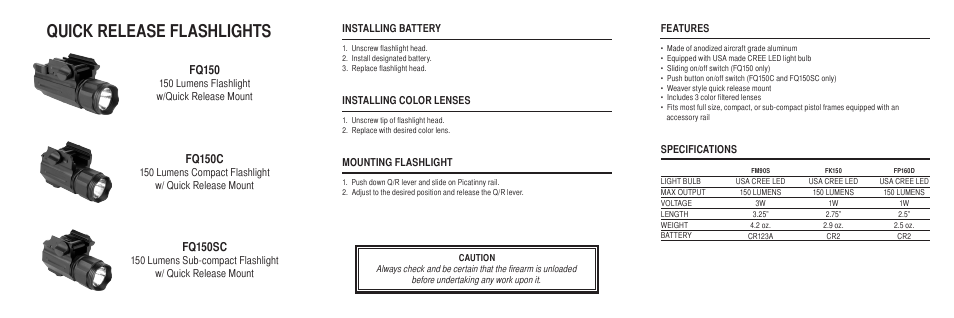 Quick release flashlights, Fq150, Fq150c | Fq150sc | AIM Sports Quick Release Flashlights User Manual | Page 2 / 2