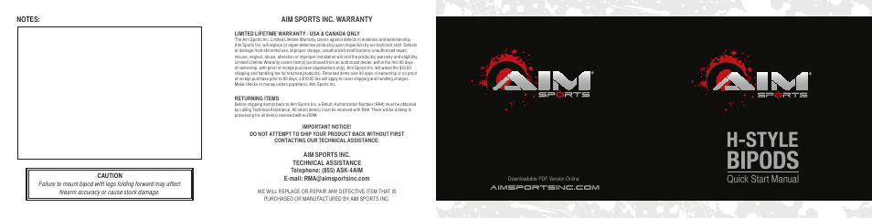 AIM Sports H-style Bipods User Manual | 2 pages
