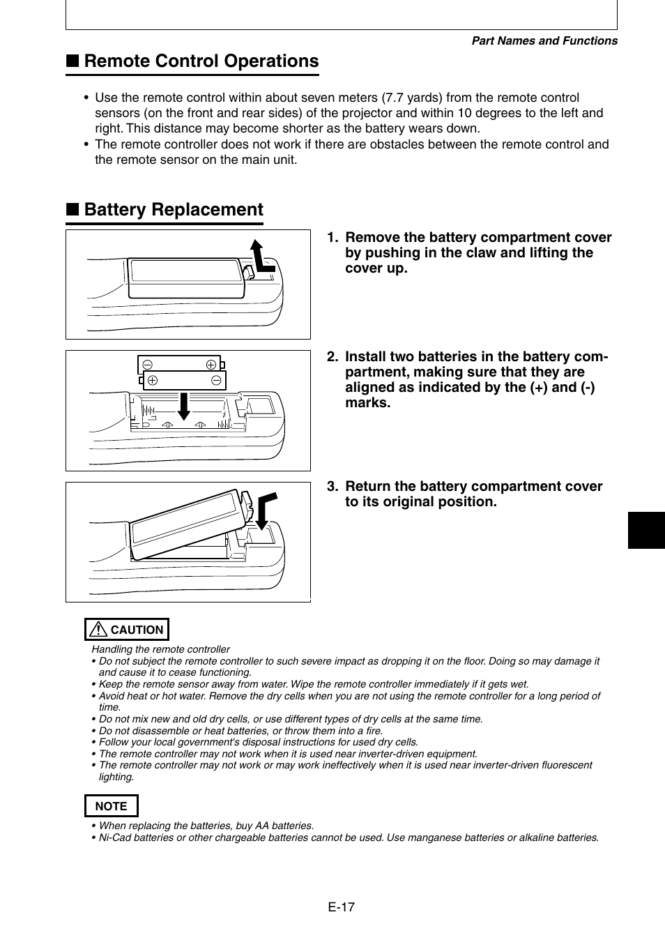 Remote control operations, Battery replacement | Nippon Aviotronics Multi-Function LCD Projector MP-50E User Manual | Page 17 / 59