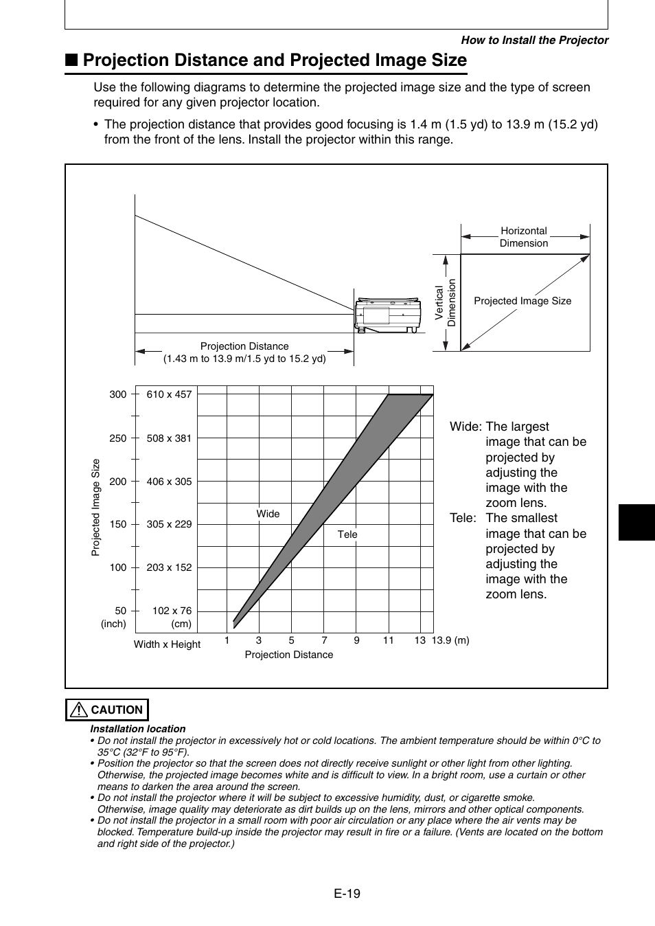 Projection distance and projected image size | Nippon Aviotronics Multi-Function LCD Projector MP-50E User Manual | Page 19 / 59