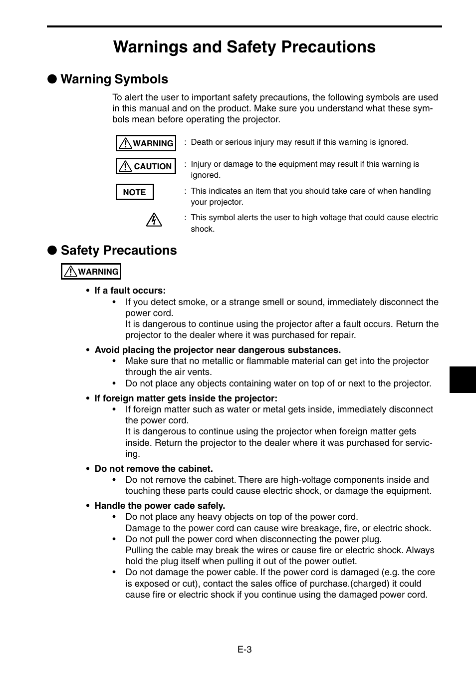 Warnings and safety precautions, Warning symbols, Safety precautions | Nippon Aviotronics Multi-Function LCD Projector MP-50E User Manual | Page 3 / 59