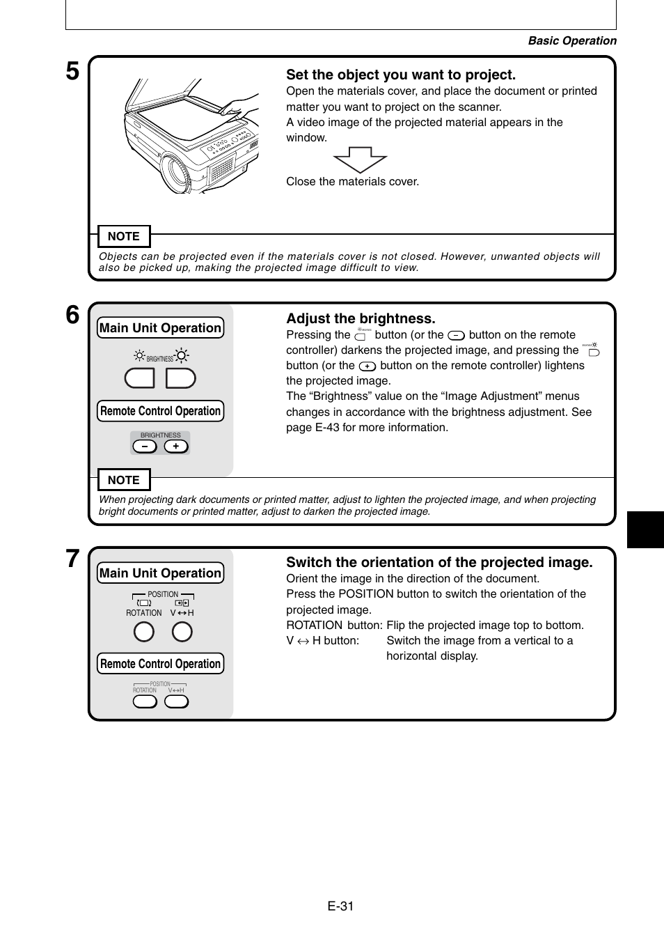 Set the object you want to project, Adjust the brightness, Switch the orientation of the projected image | Nippon Aviotronics Multi-Function LCD Projector MP-50E User Manual | Page 31 / 59